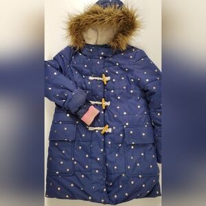 Boden Girls Sherpa Lined Fur Hooded Toggle Coat Navy Blue With Gold Dots Sz 8-9y